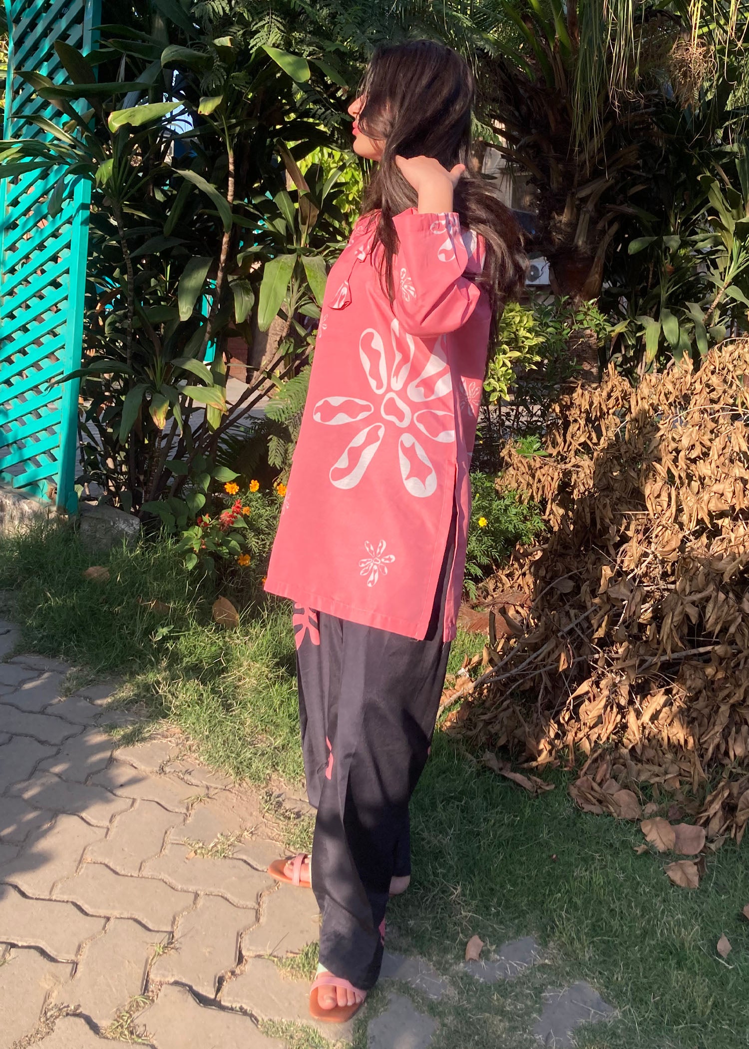 silk finish lawn Kurta Set in Hot pink