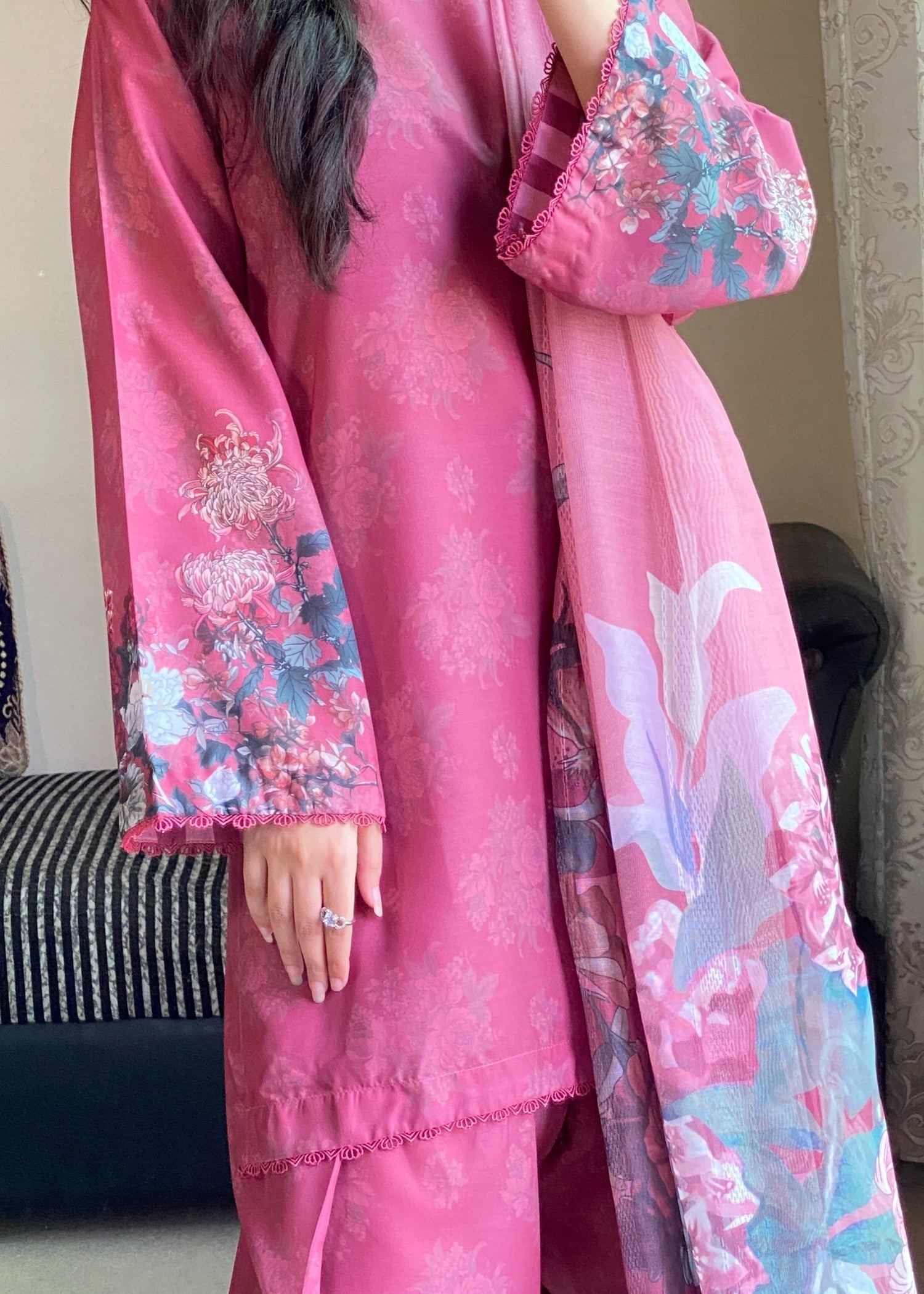 silk finish lawn Kurta Set in Magenta haze