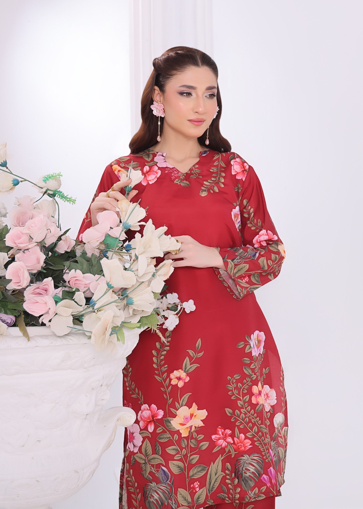 poly lawn Co Ord Sets in Blood red