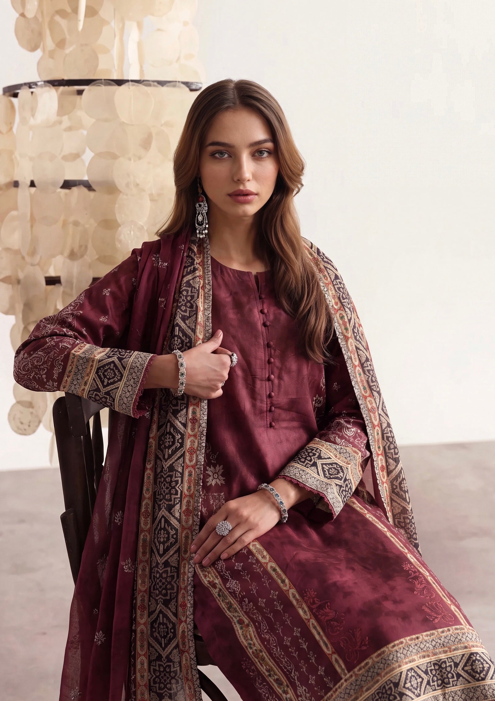 poly lawn Kurta Set in Dark raspberry