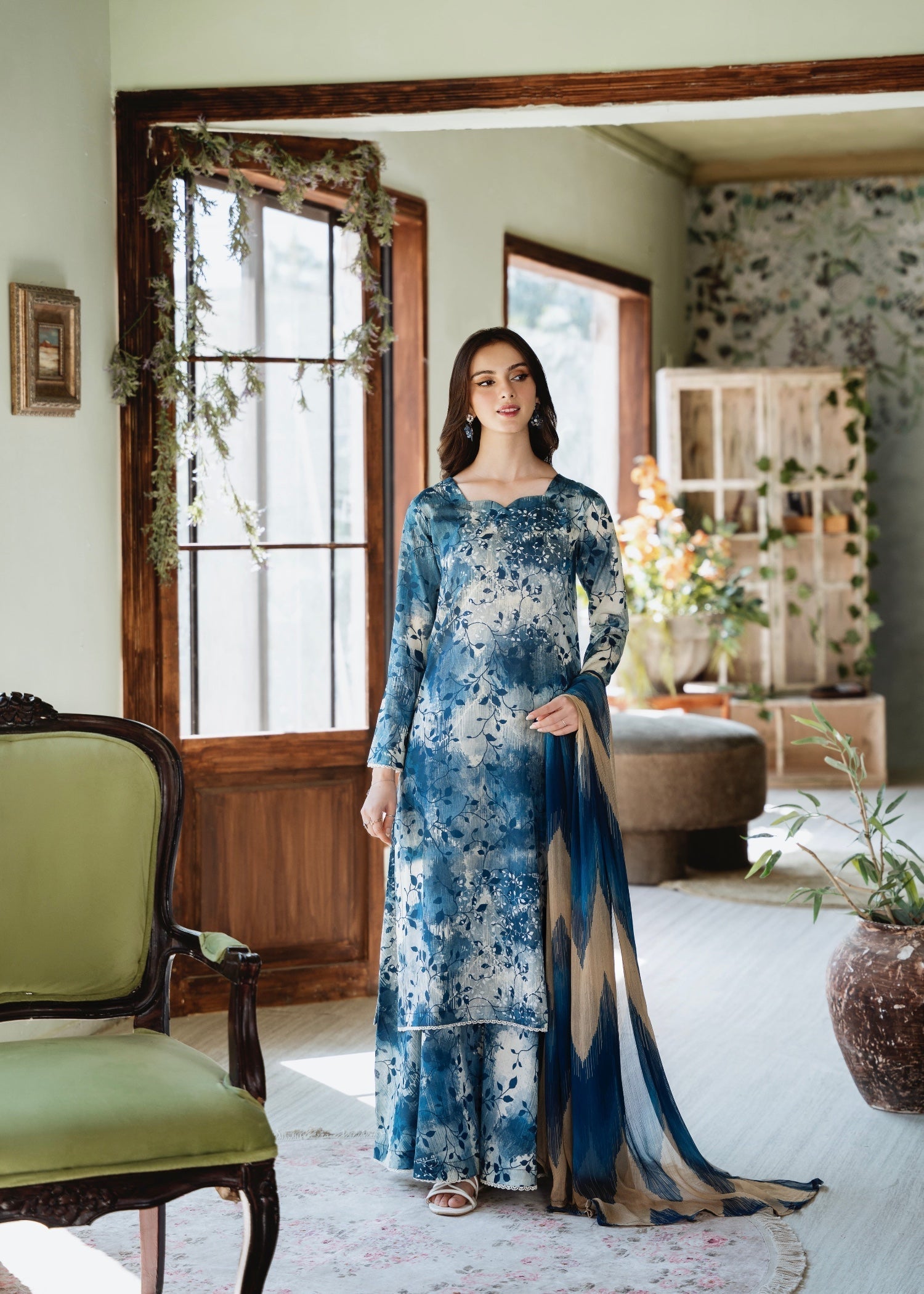 lawn Sharara in Antique white, powder blue