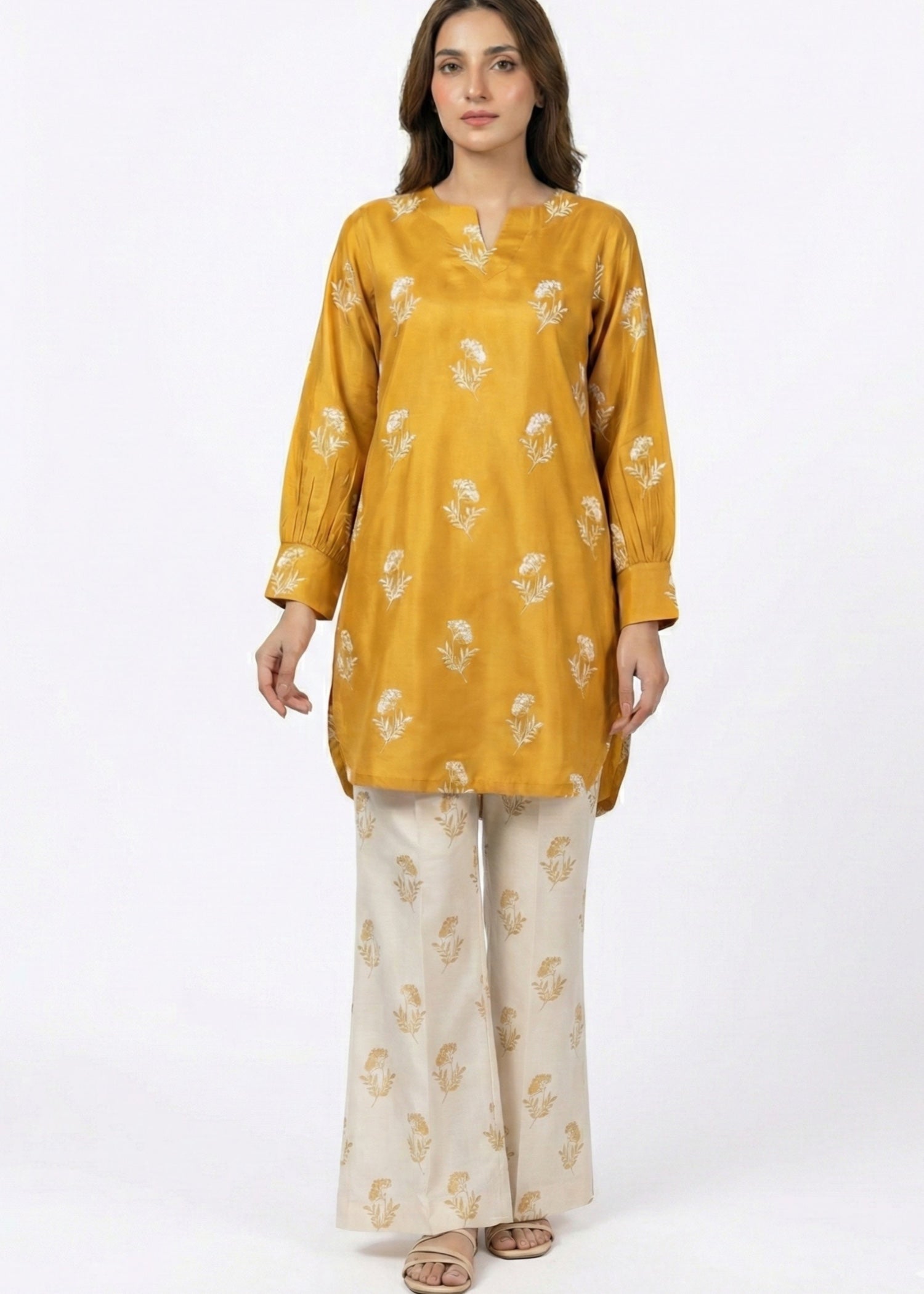 linen Kurta Set in Off-white, mustard