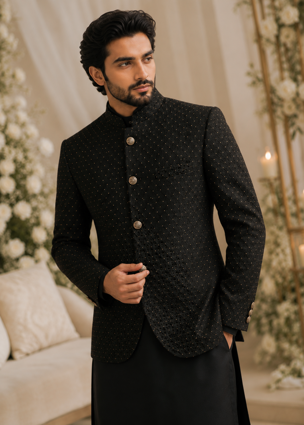 jamawar Prince Coat in Black by Dress Designers