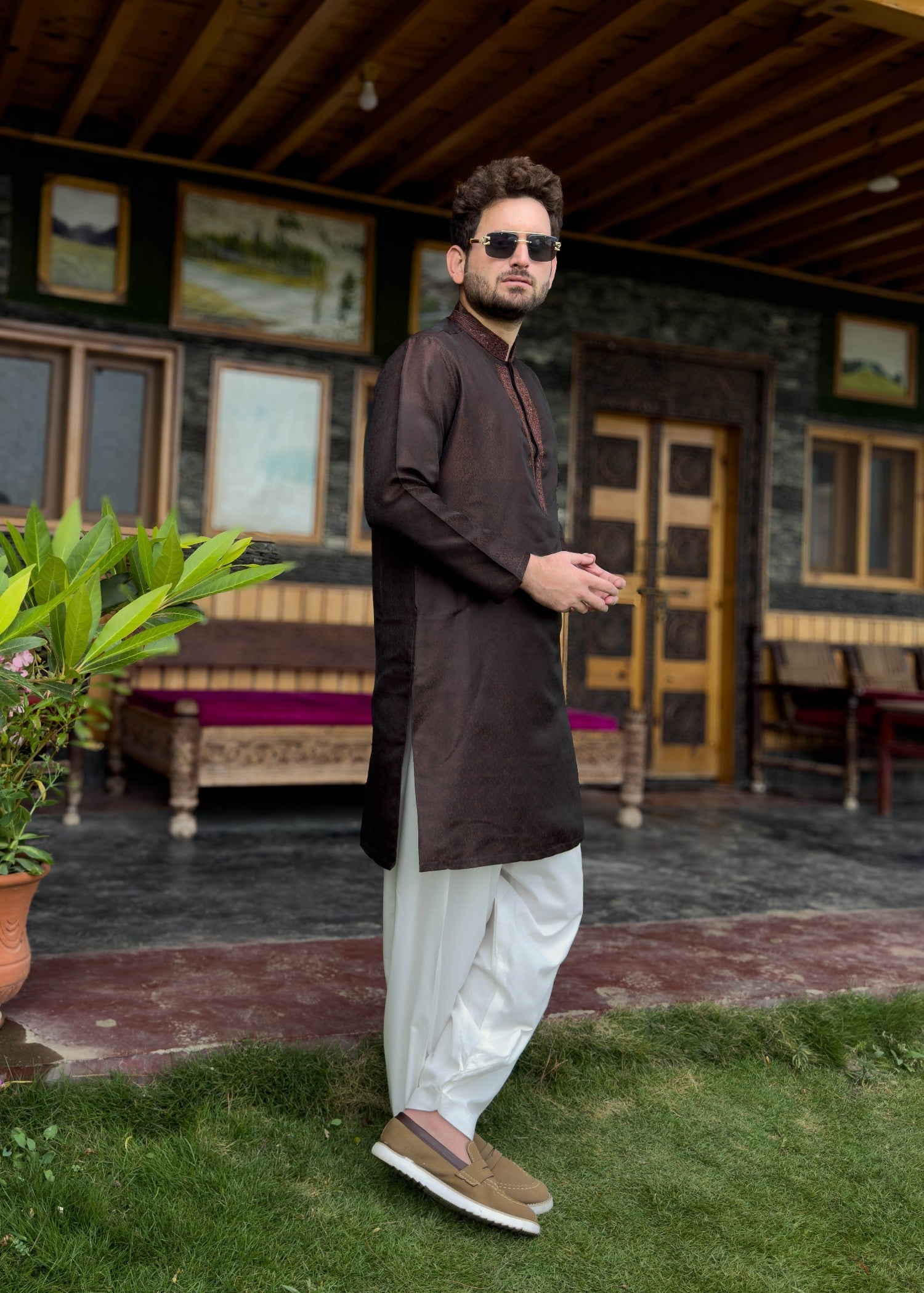 traditional jamawar Kurta in Cinnamon brown