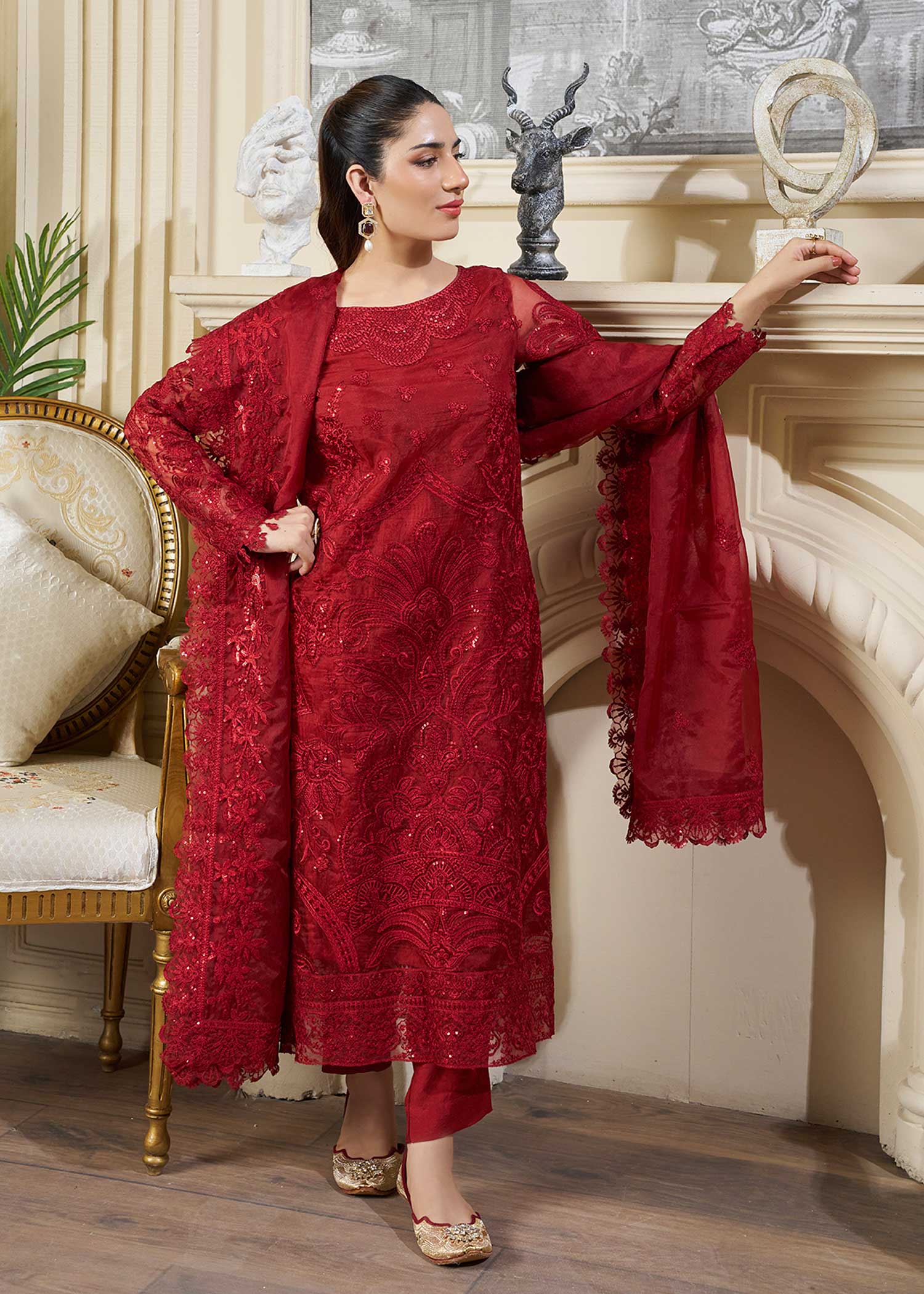 organza Kurta Set in Maroon