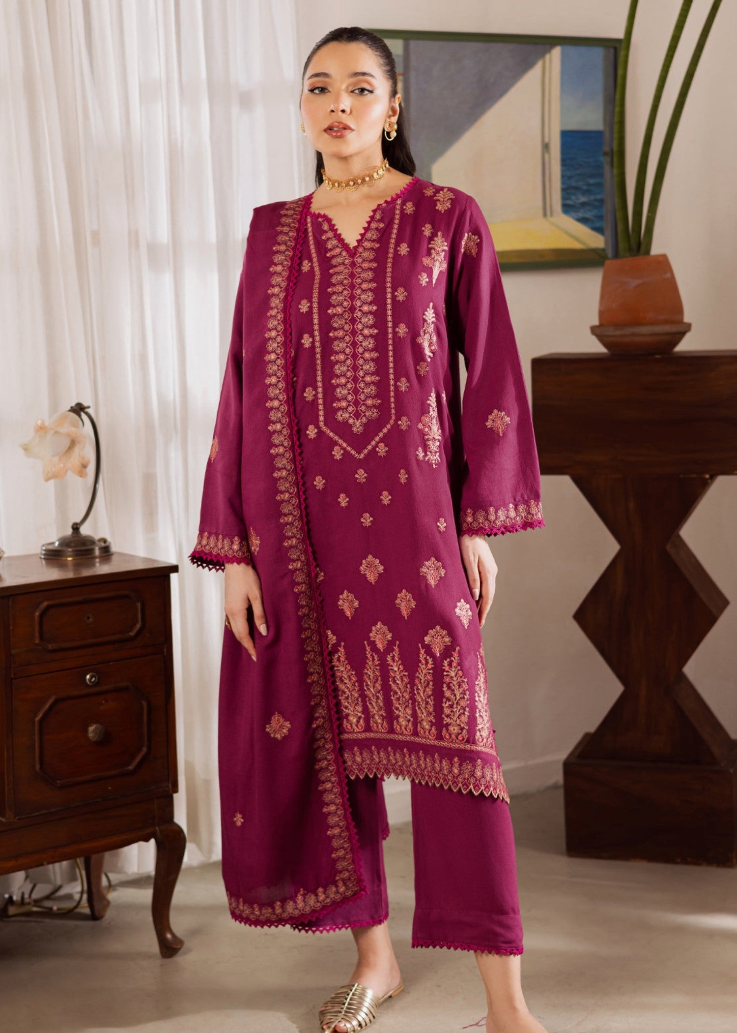 karandi Unstitched in Burgundy