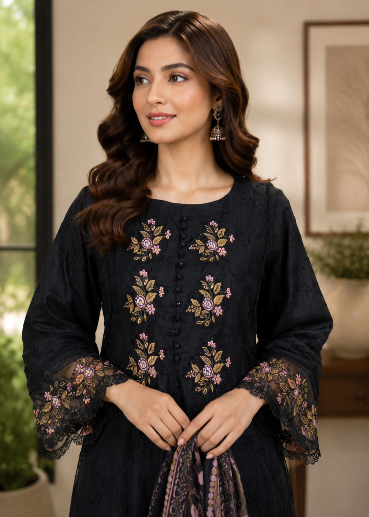 chiffon silk Pishwas in Black