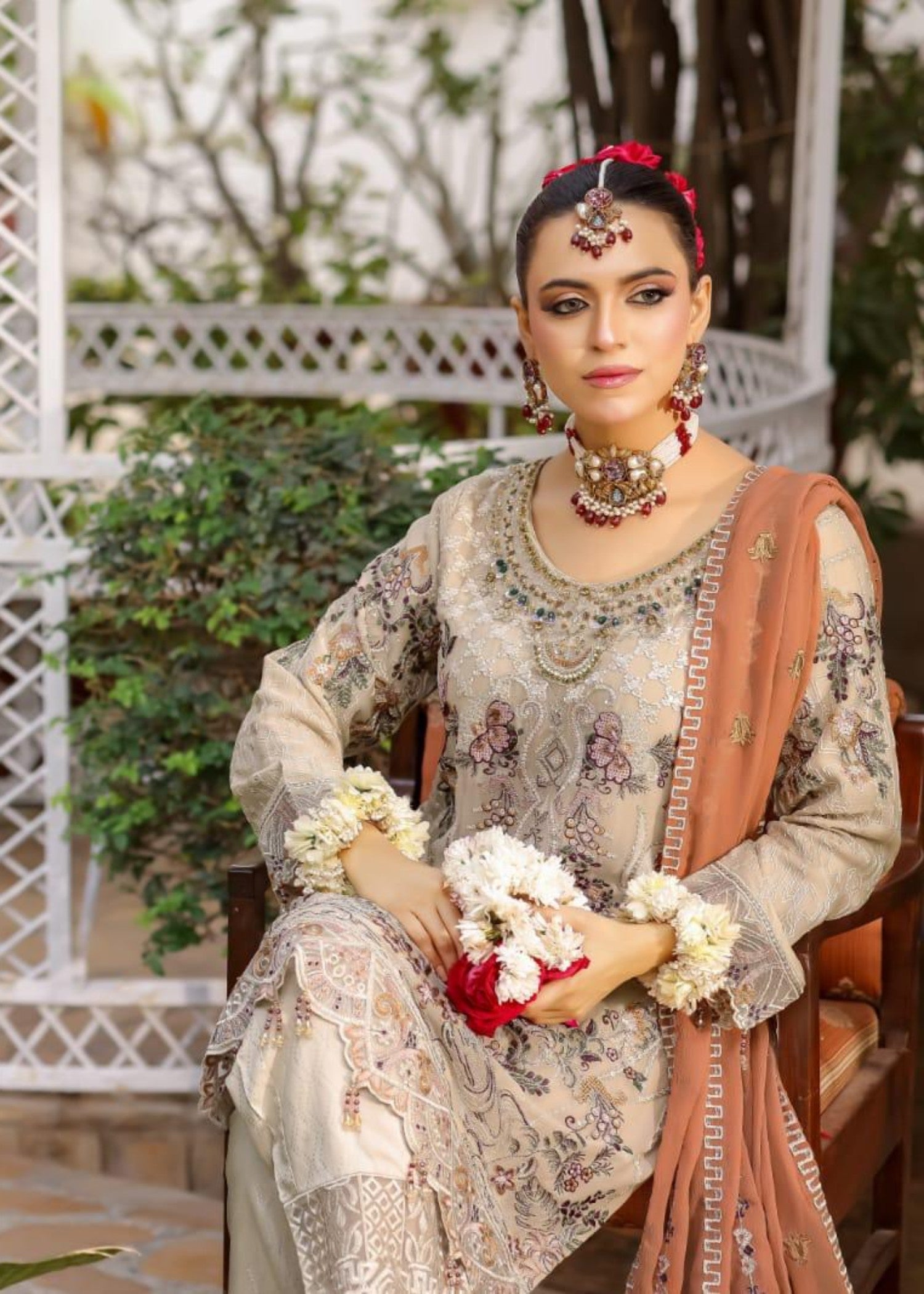 chiffon Kurta Set in Beige, champagne