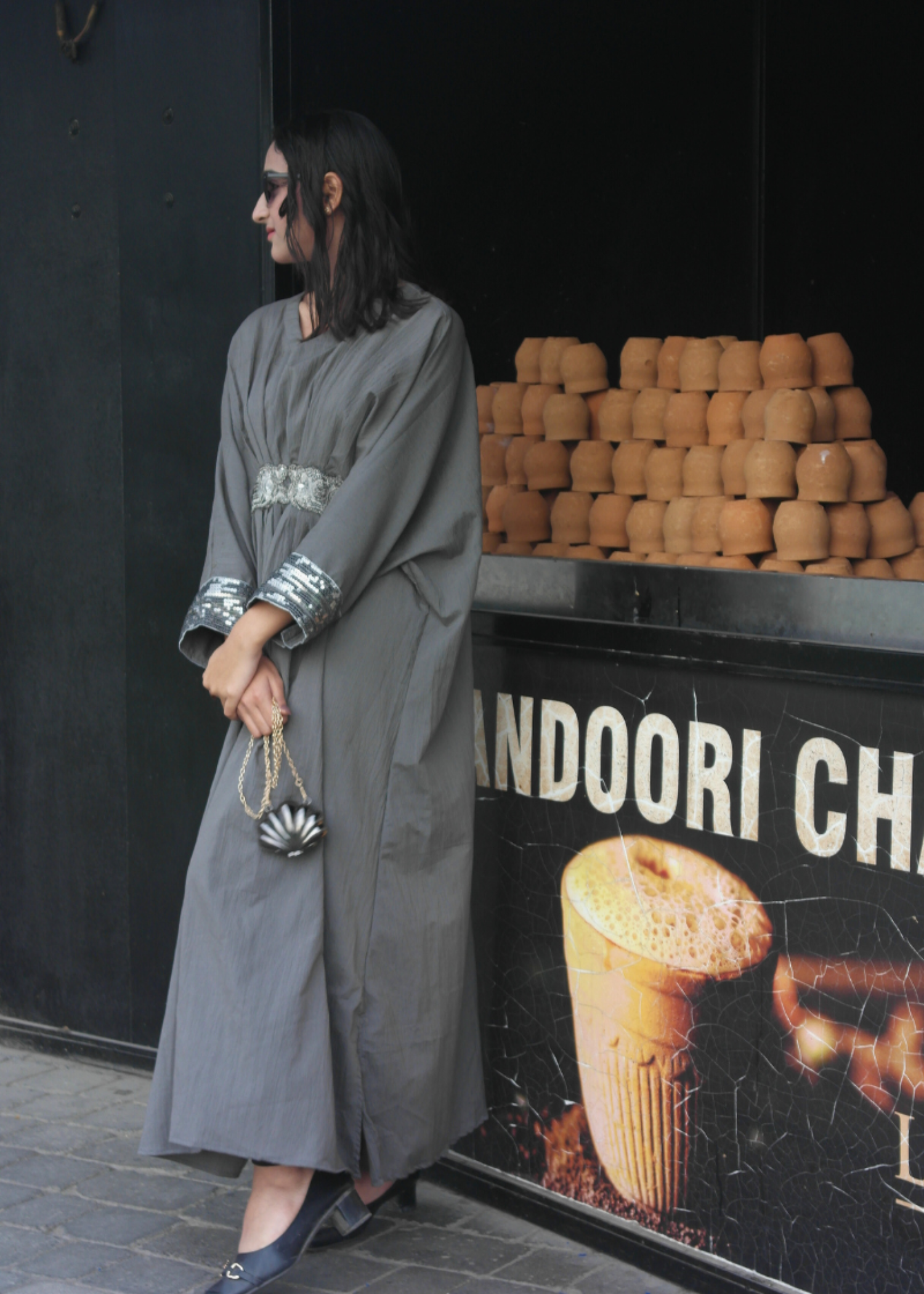 textured grip Kaftan in Steal grey