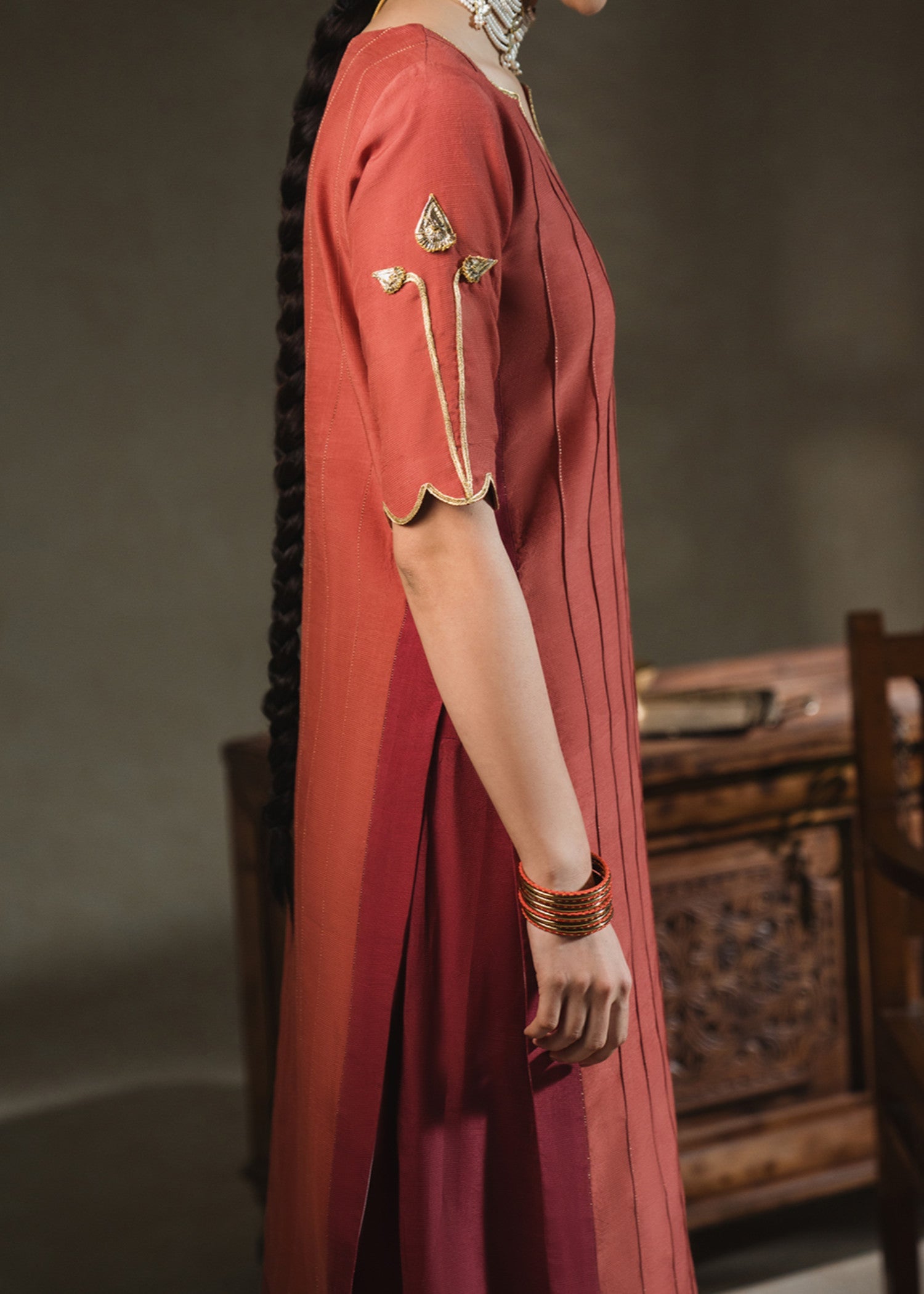 raw silk Kurta Set in Coral red