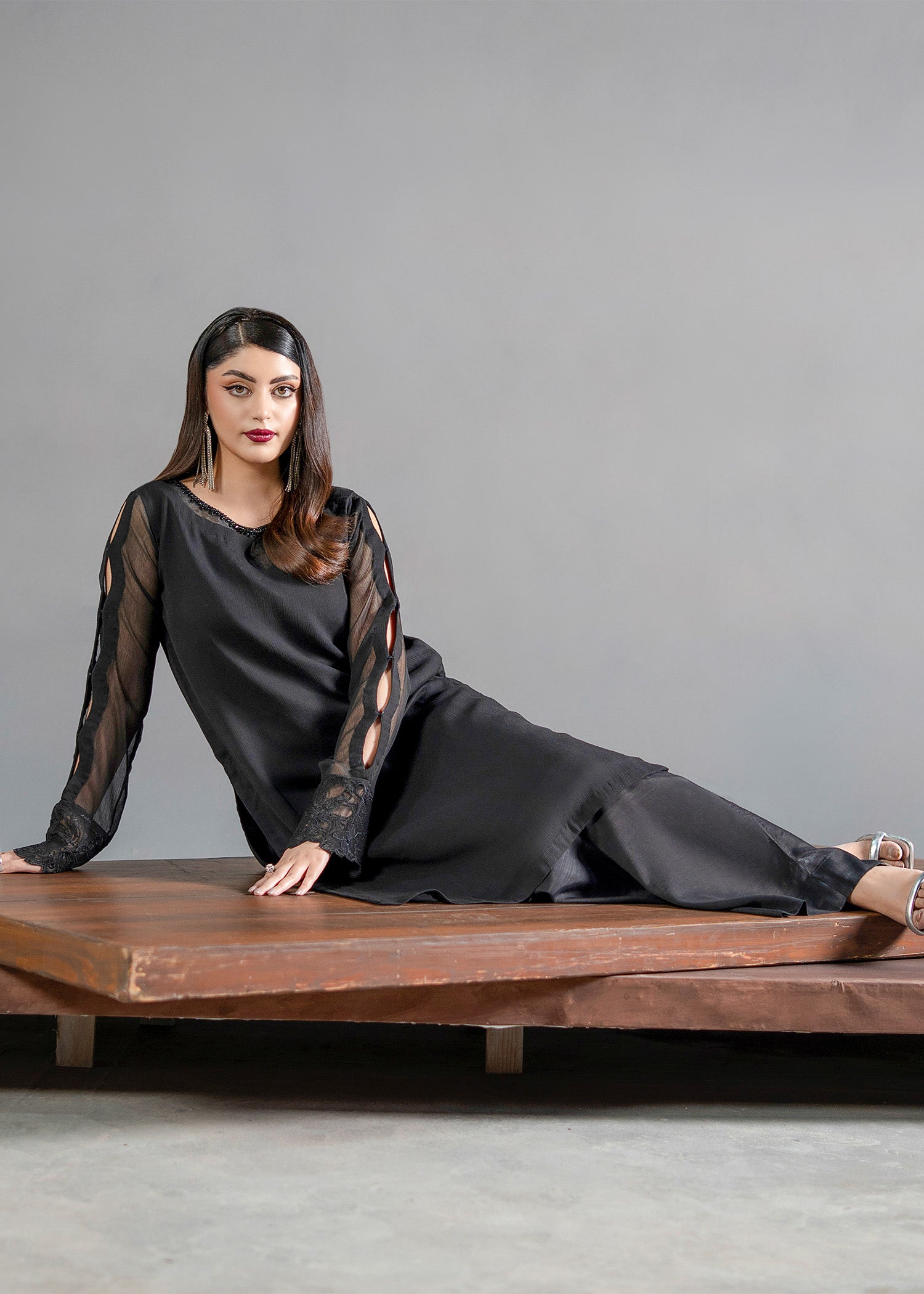 chiffon Kurta Set in Black