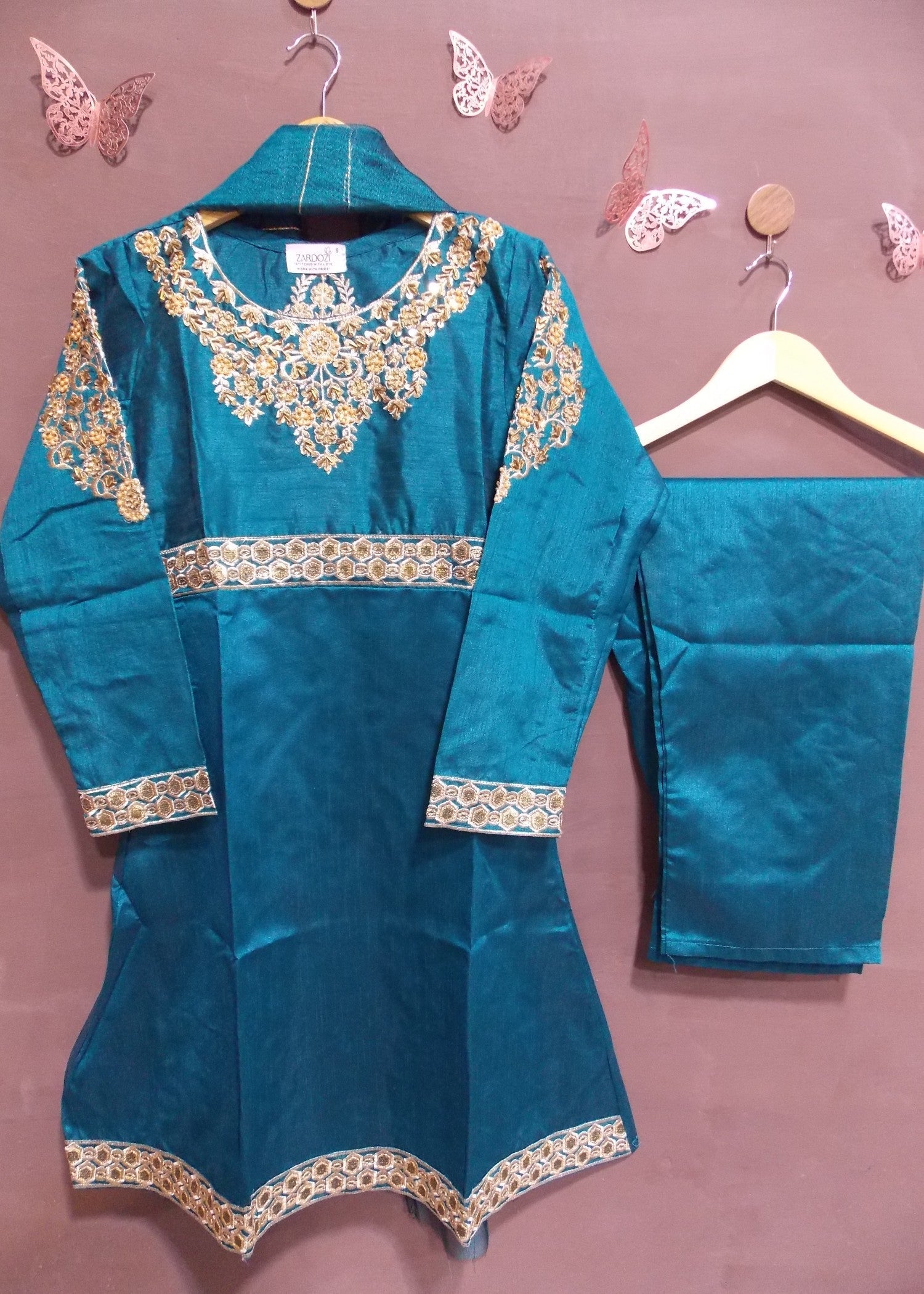 raw silk Short Frock in Sapphire blue