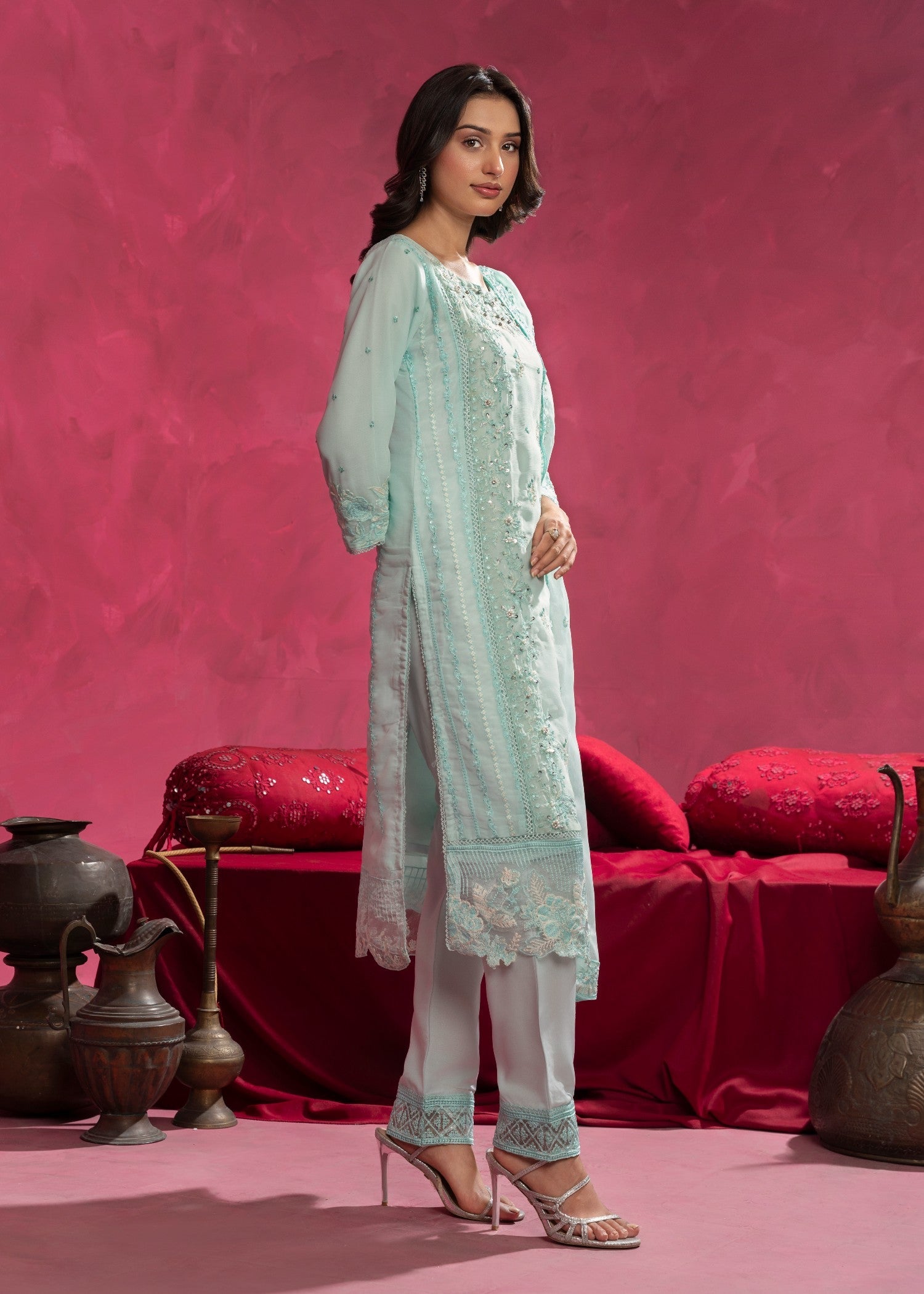 chiffon Kurta Set in Ice blue
