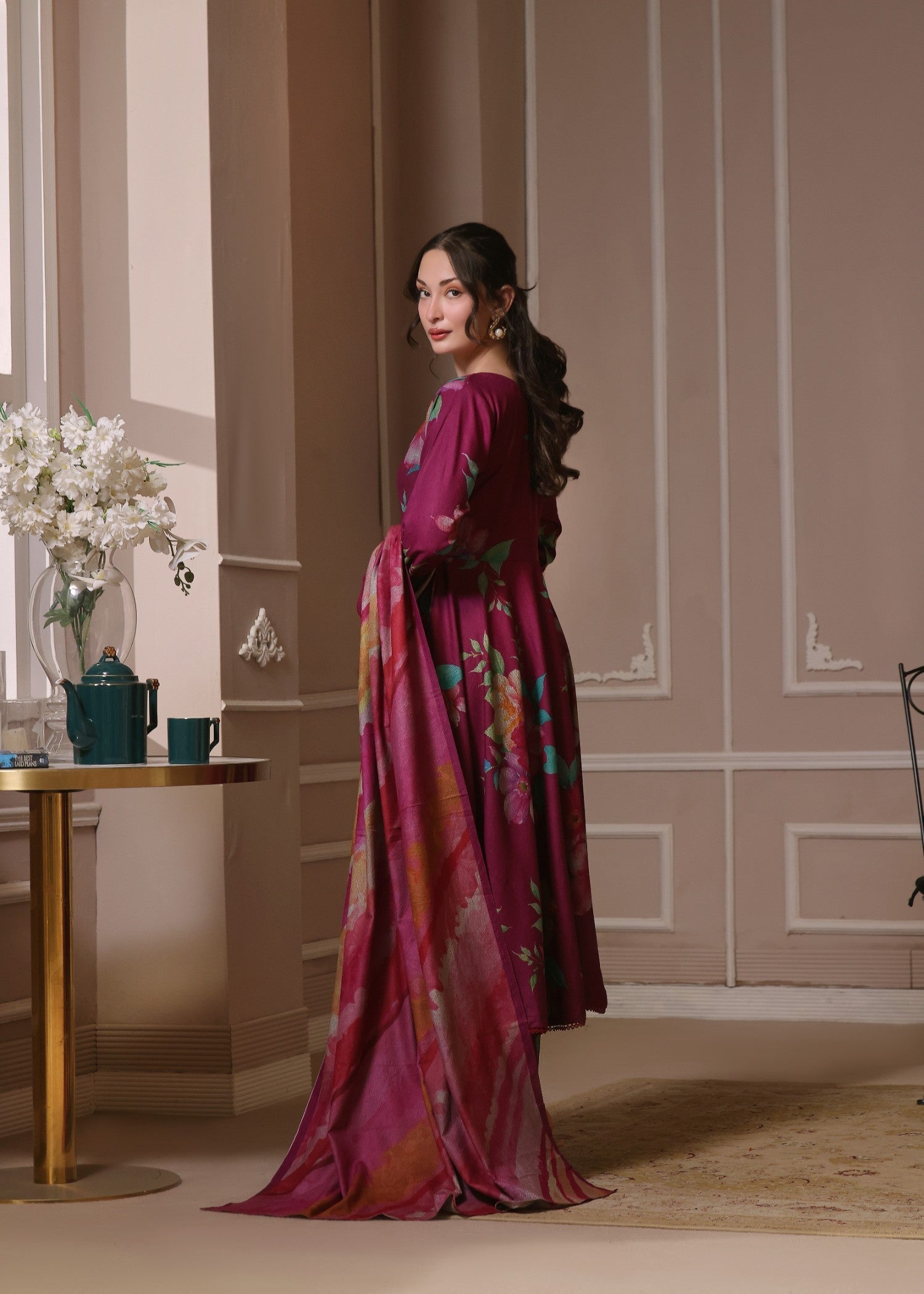 twill khaddar Unstitched in Burgundy