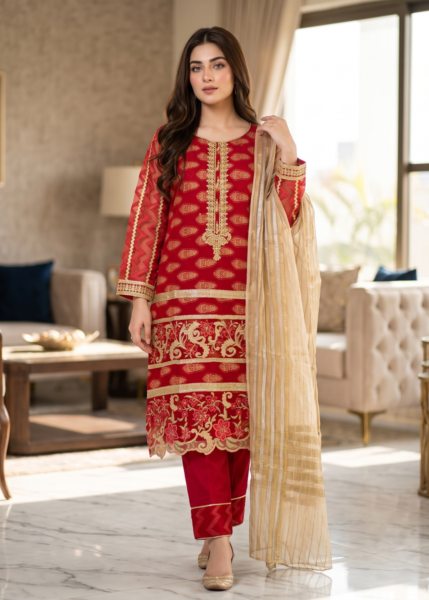 jacquard Kurta Set in Red