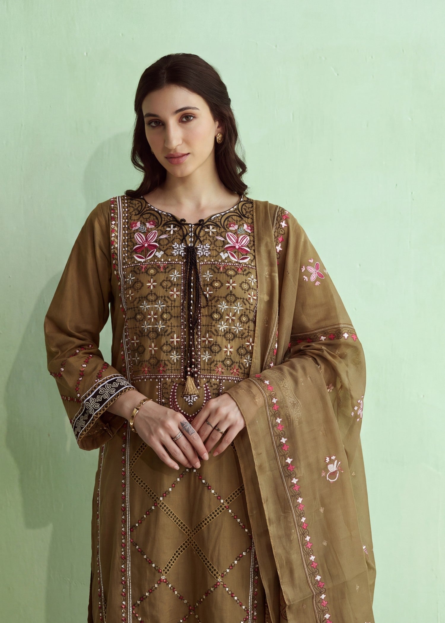 cotton Kurta Set in Coffee brown