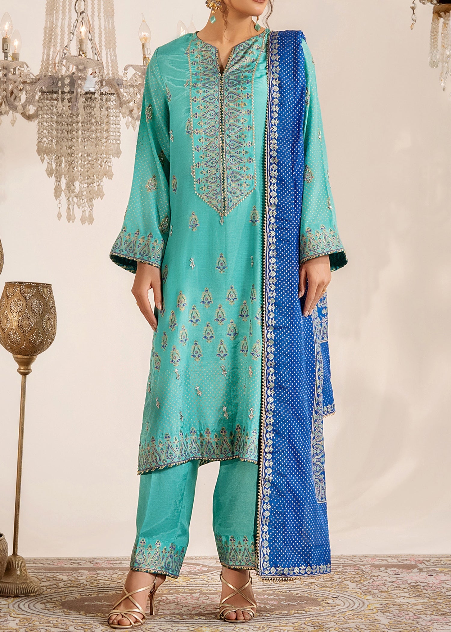 raw silk Unstitched in Turquoise