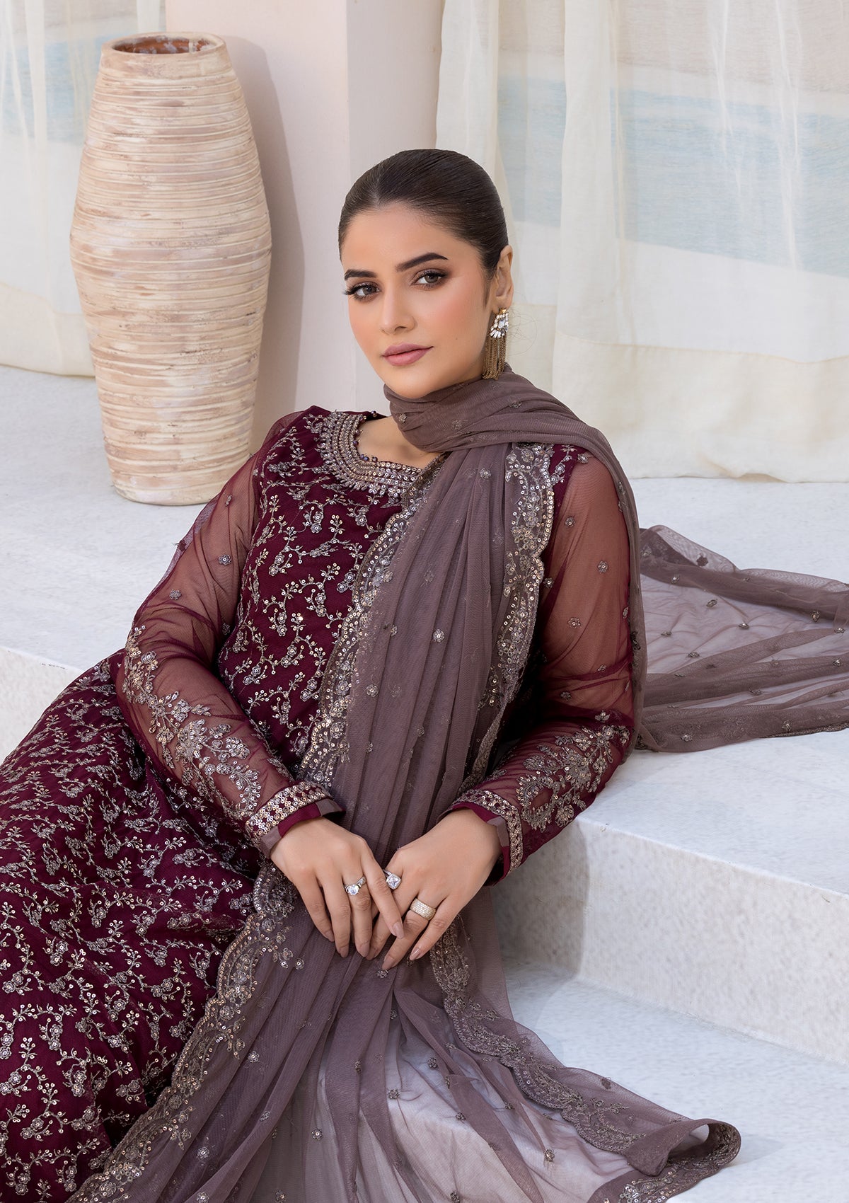 net Kurta Set in Maroon
