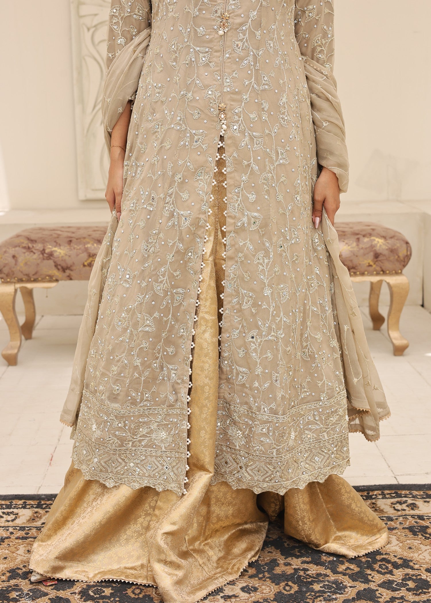 bemberg crinkle chiffon Lehenga in Eggshell