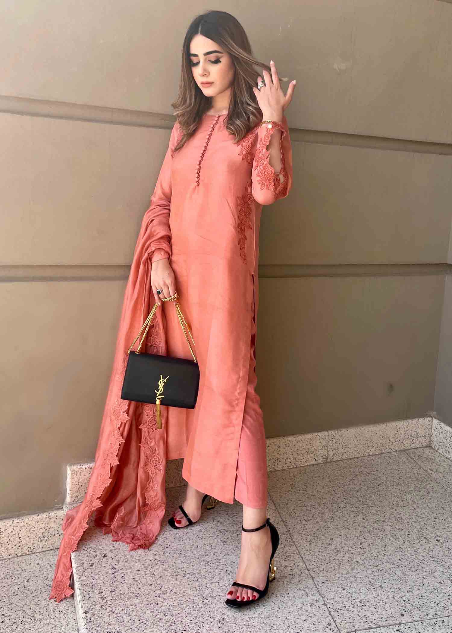 raw silk Kurta Set in Coral pink