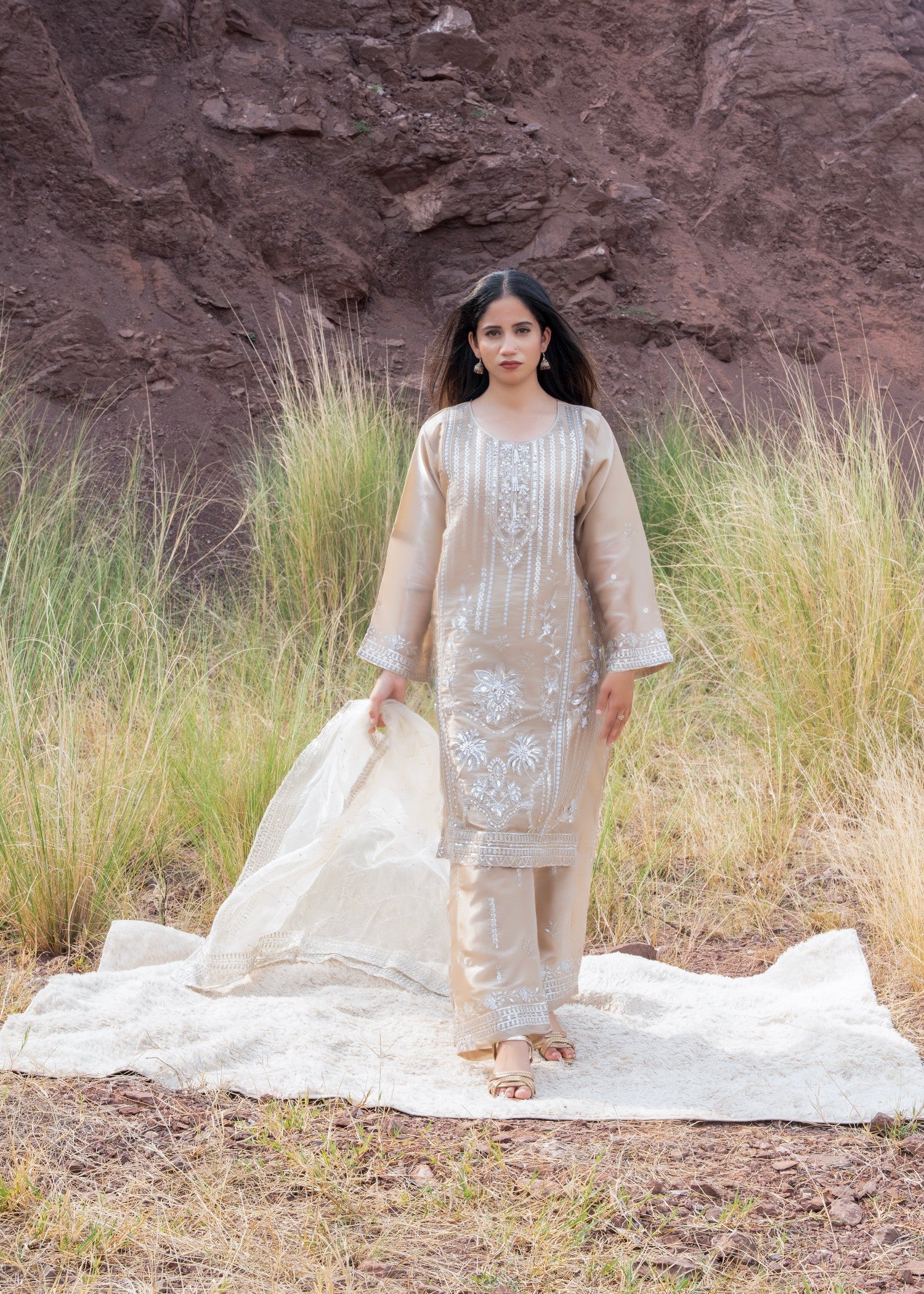 cotton silk Kurta Set in Wheat