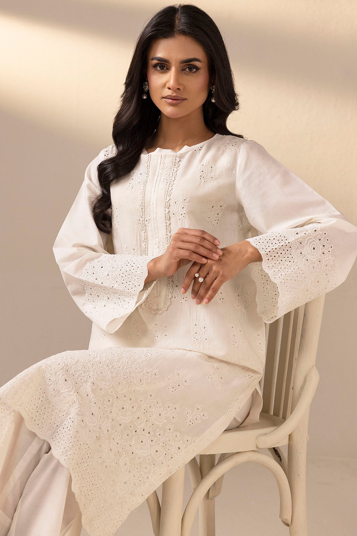schiffli Kurta Set in White
