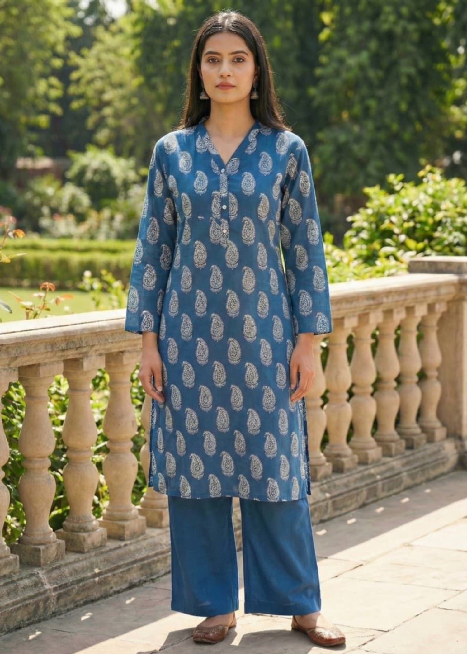 linen Kurta Set in Steel blue