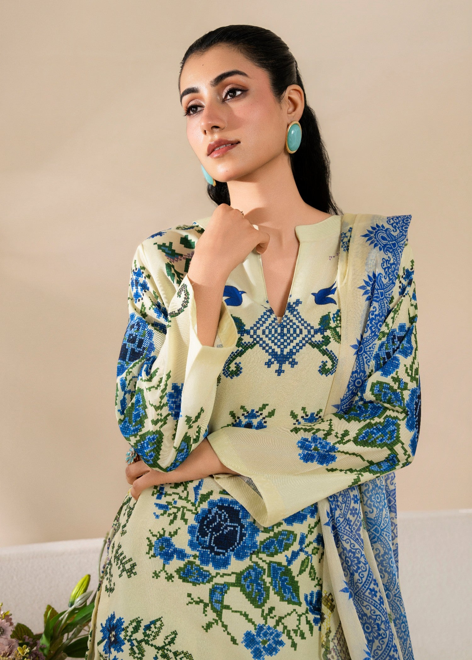poly lawn Kurta Set in Butter