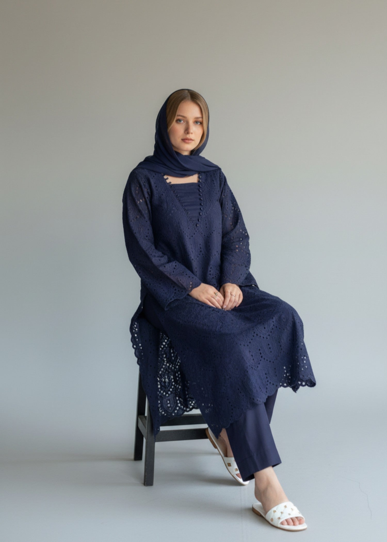 linen Kurta Set in Dark blue