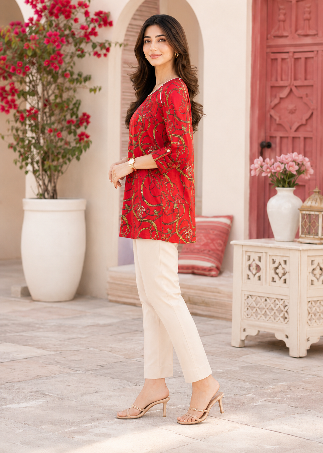 poly silk Tunic in Red