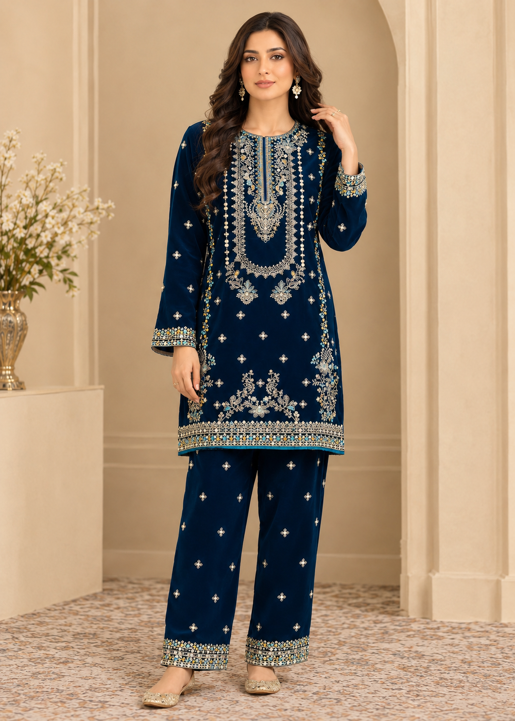 chinese micro velvet 9000 Kurta Set in Navy blue