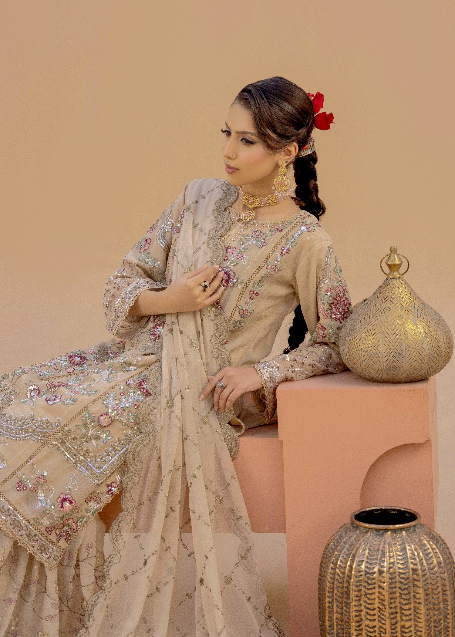 chiffon Gharara in Beige