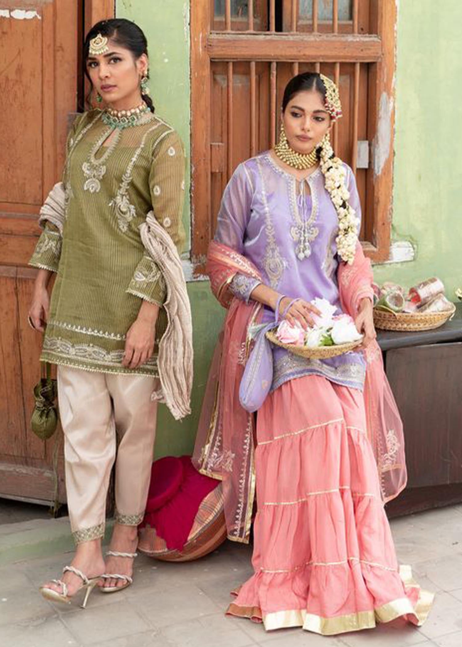 tissue Kurta Set in Sage green