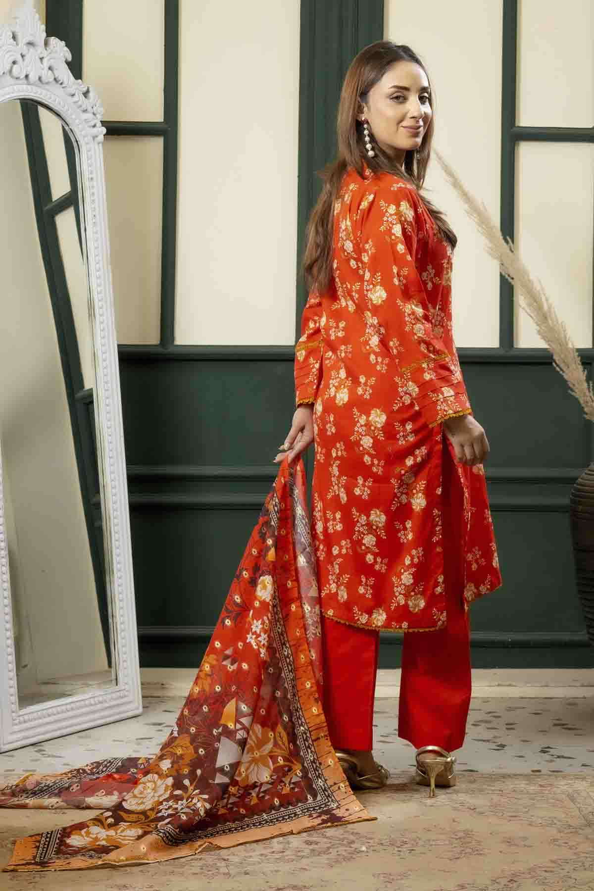 lawn voile Kurta Set in Coral orange