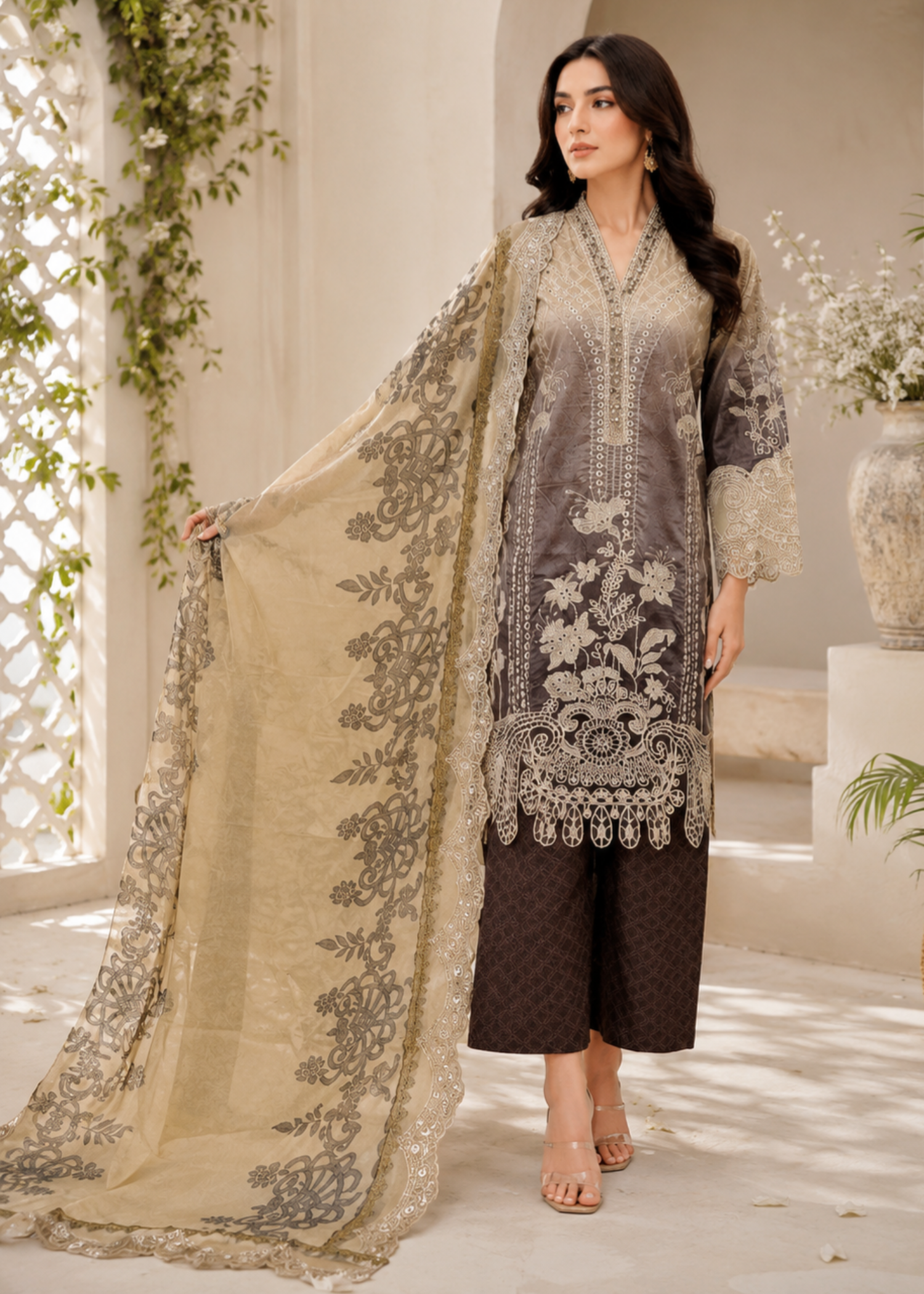 lawn Kurta Set in Chocolate brown, cream