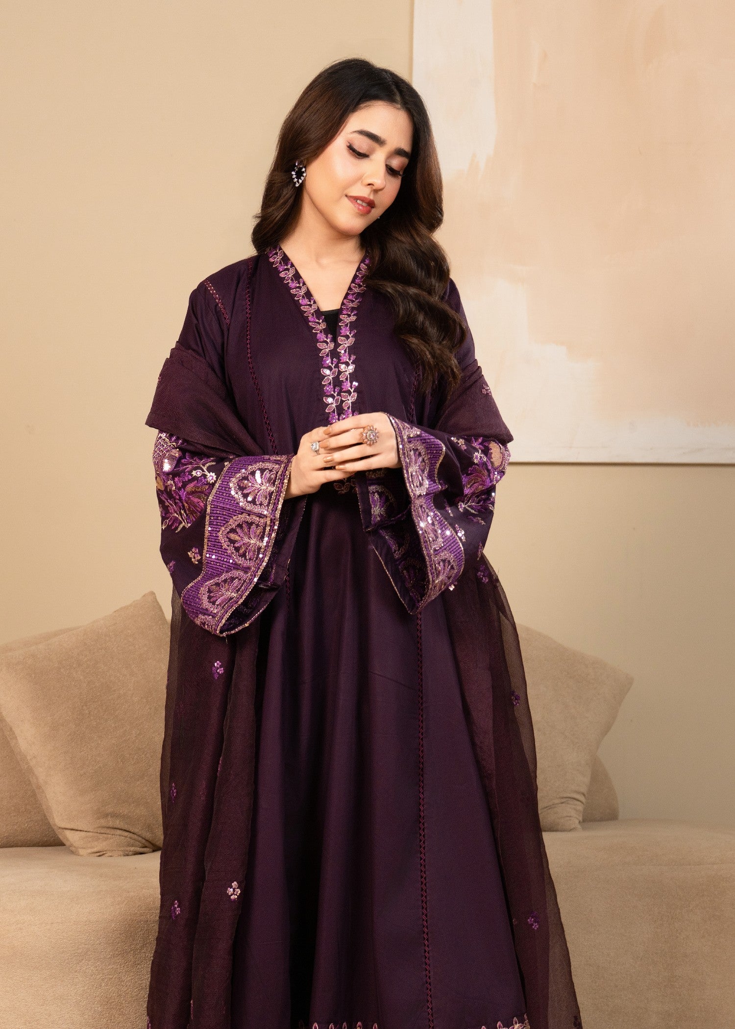 lawn cotton Pishwas in Deep purple