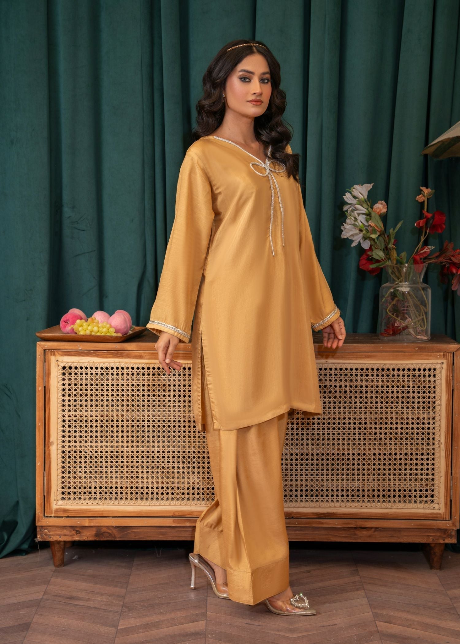 viscose thai silk Kurta Set in Marigold