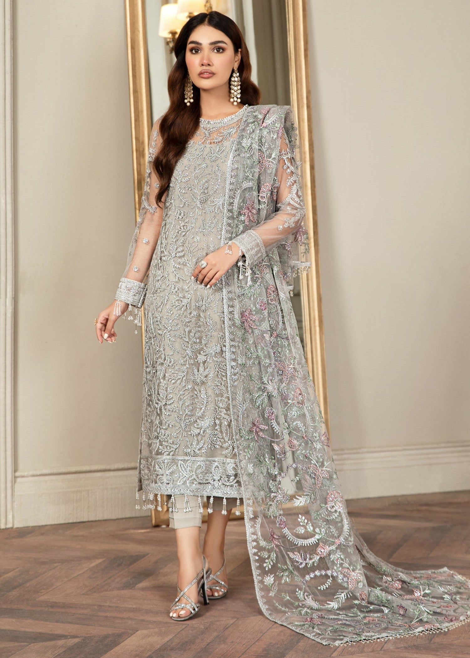 net Kurta Set in Ash grey