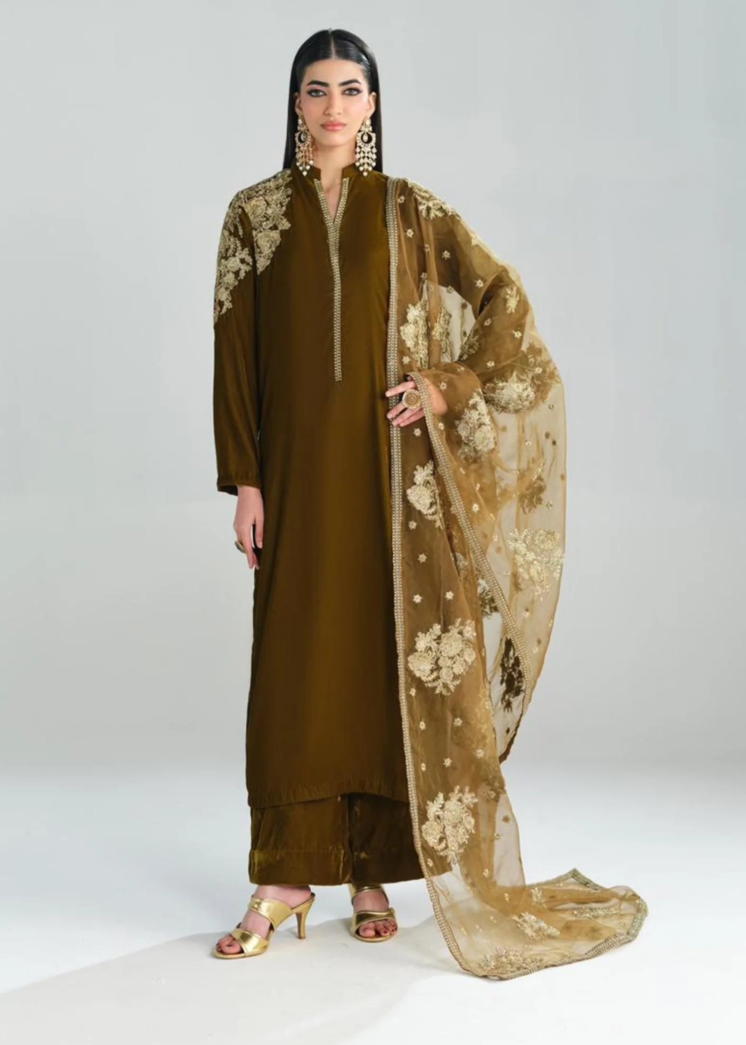 velvet Kurta Set in Olive green