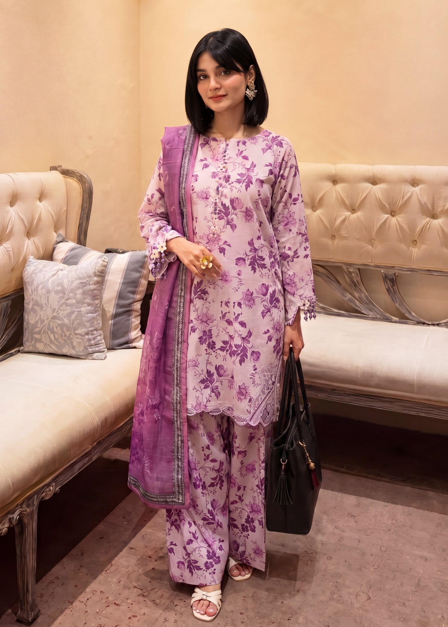 textured lawn Kurta Set in Lilac, purple mountain majesty