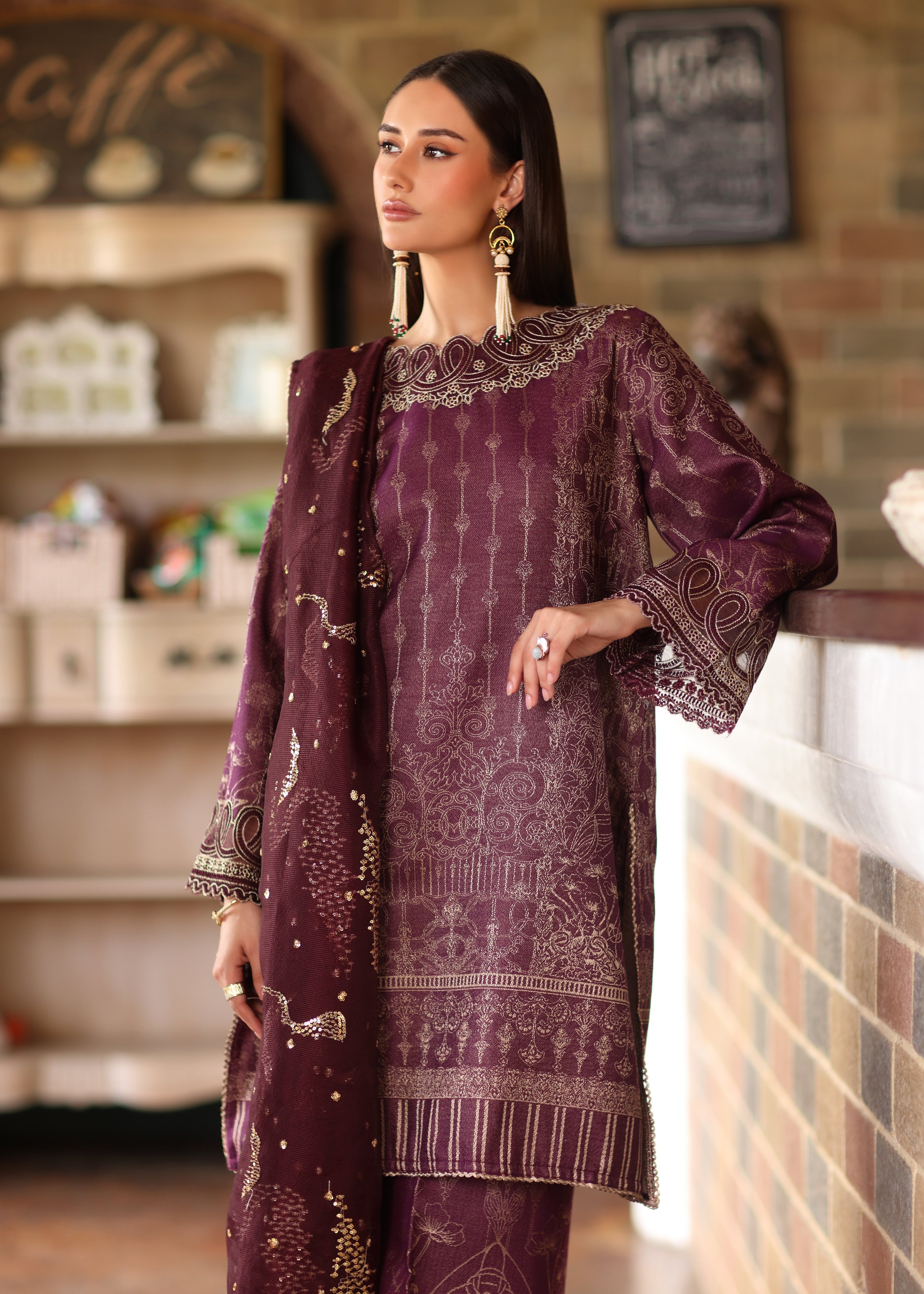 jacquard Kurta Set in Purple