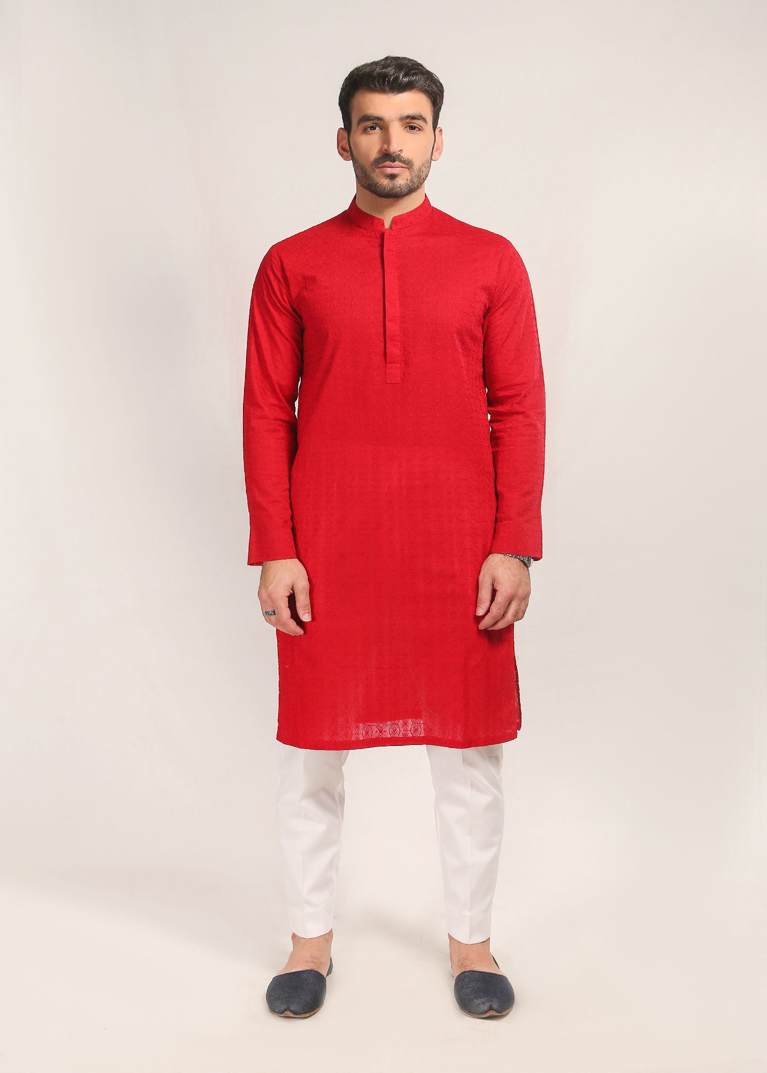 schiffli Kurta in Red