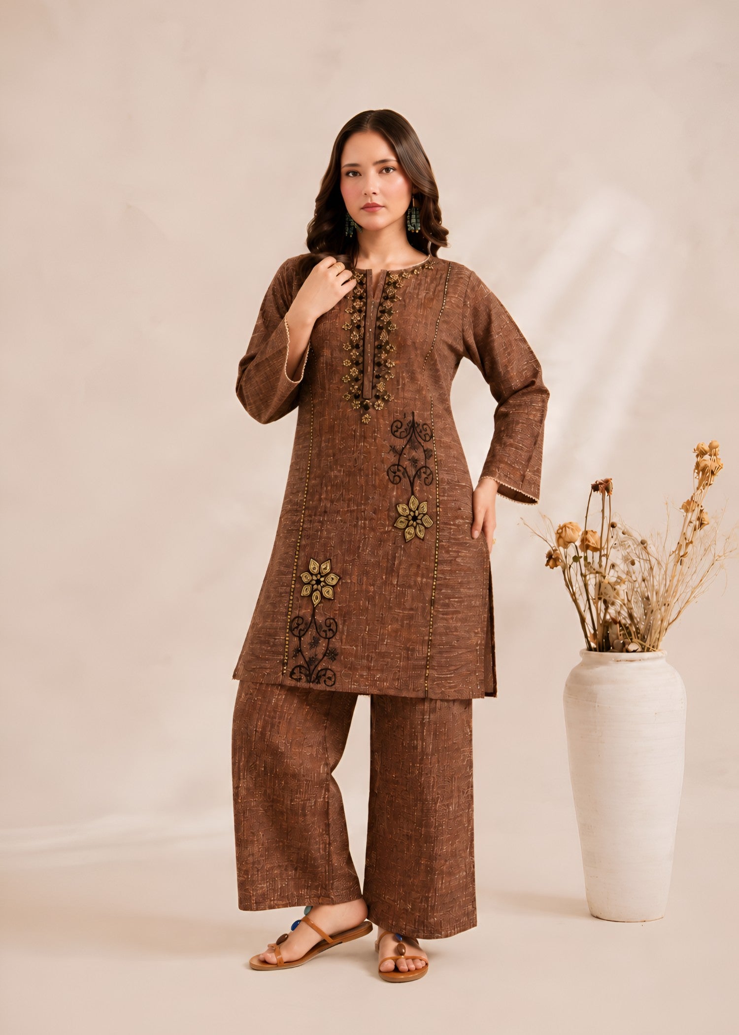cambric Kurta Set in Chocolate brown