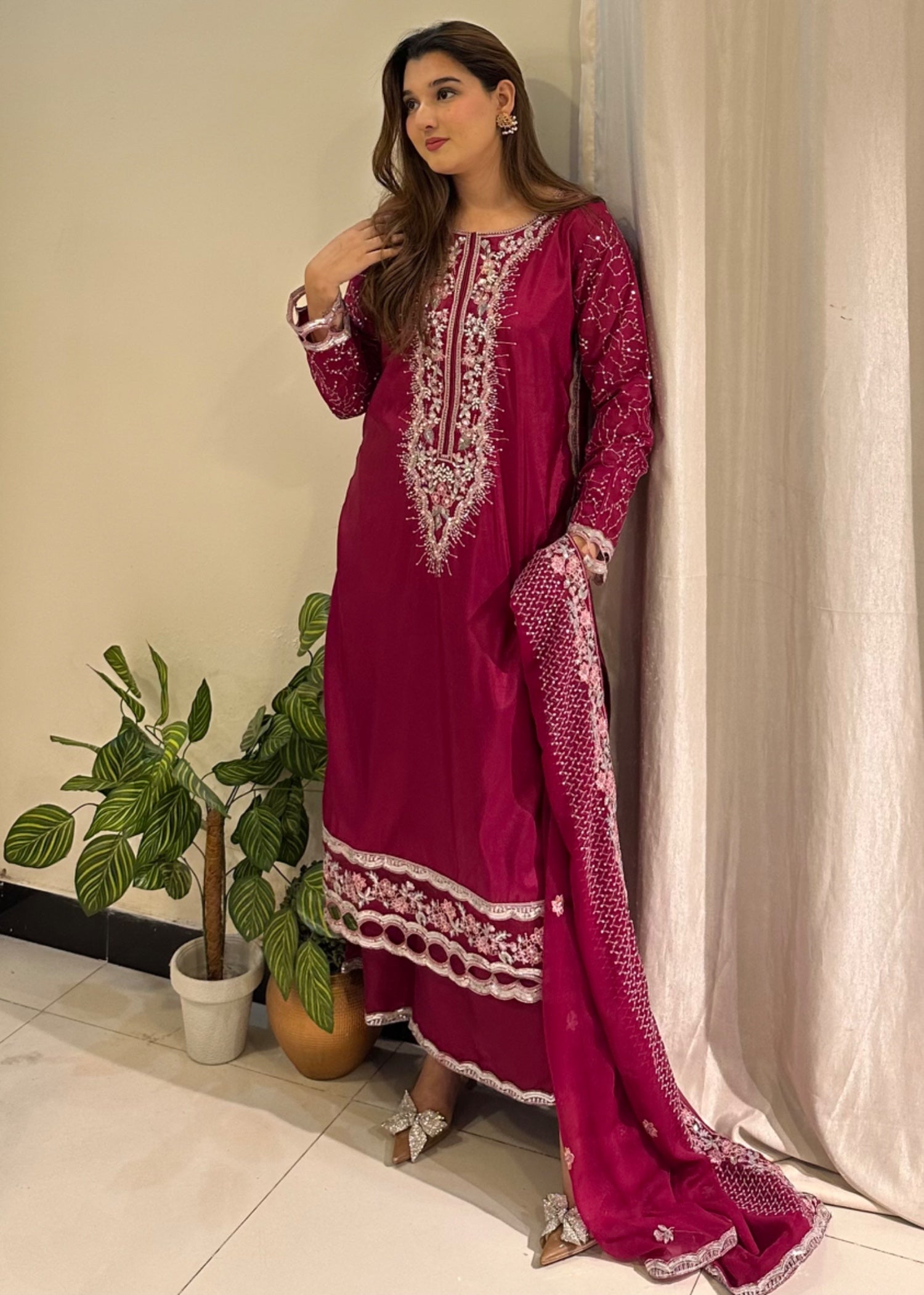 silk Kurta Set in Magenta