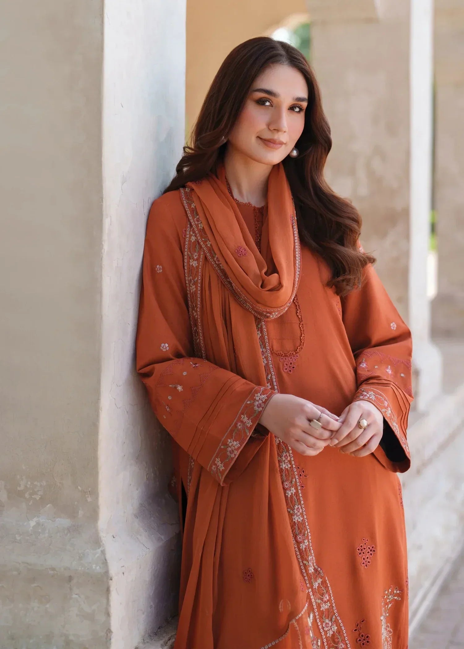 karandi Kurta Set in Coral orange