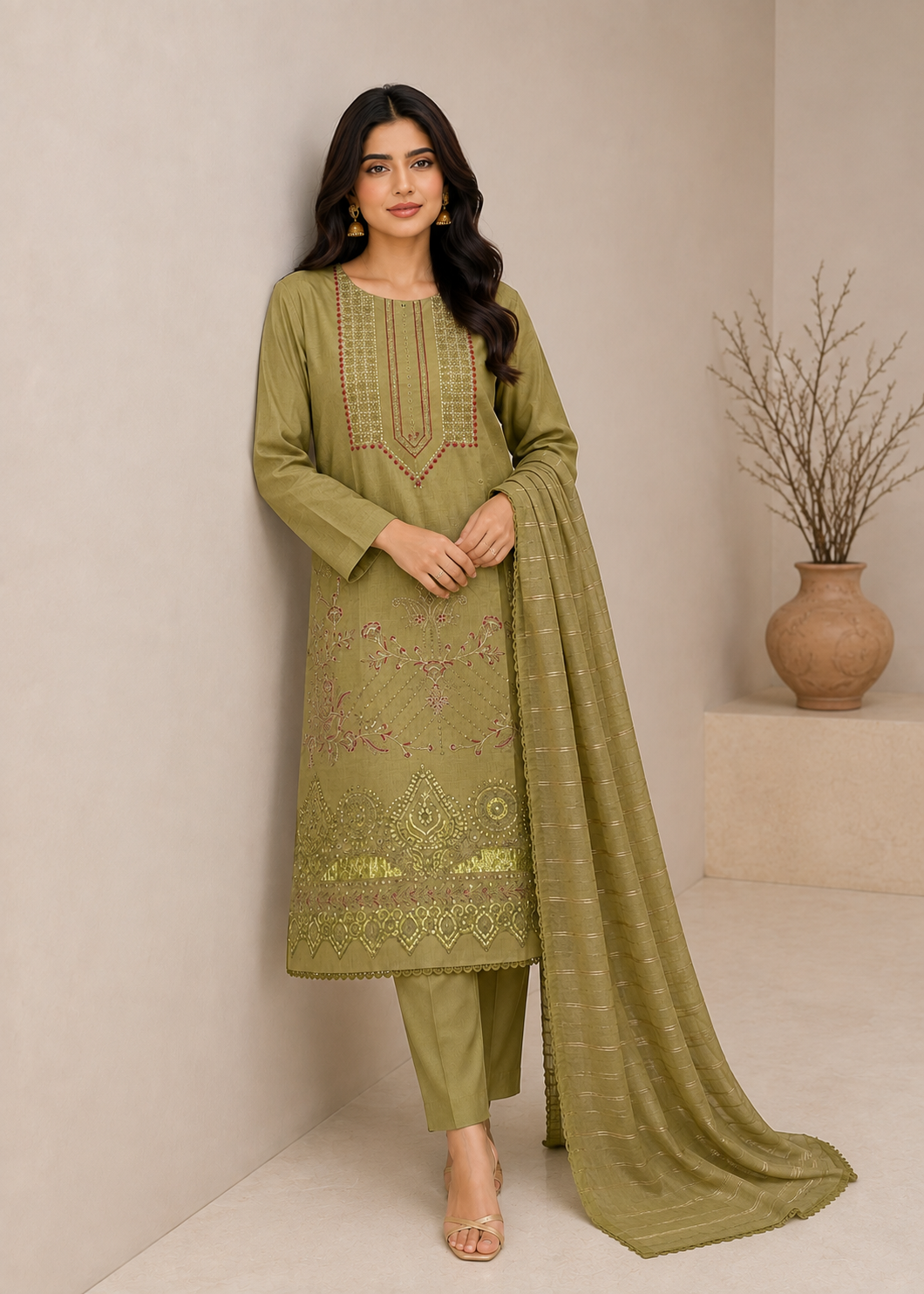 lawn cotton Kurta Set in Olive green