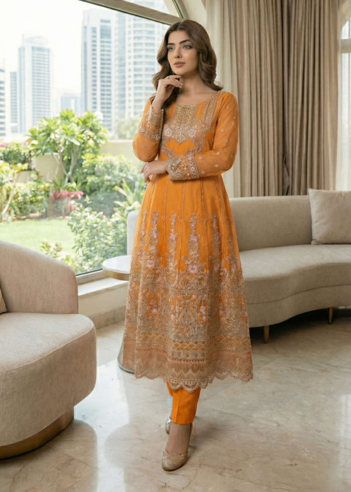 organza Pishwas in Mustard