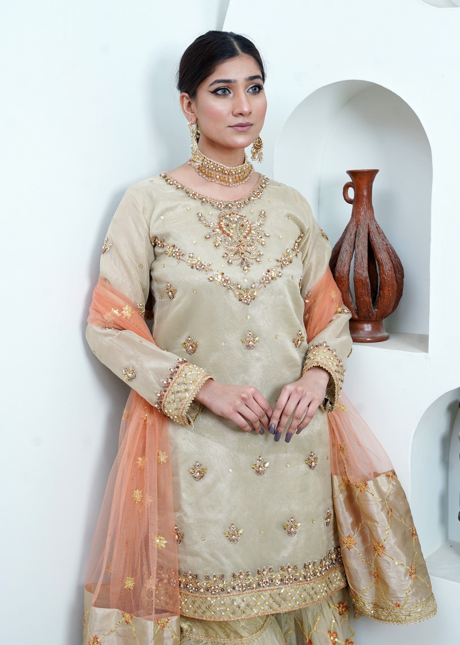 organza Gharara in Beige