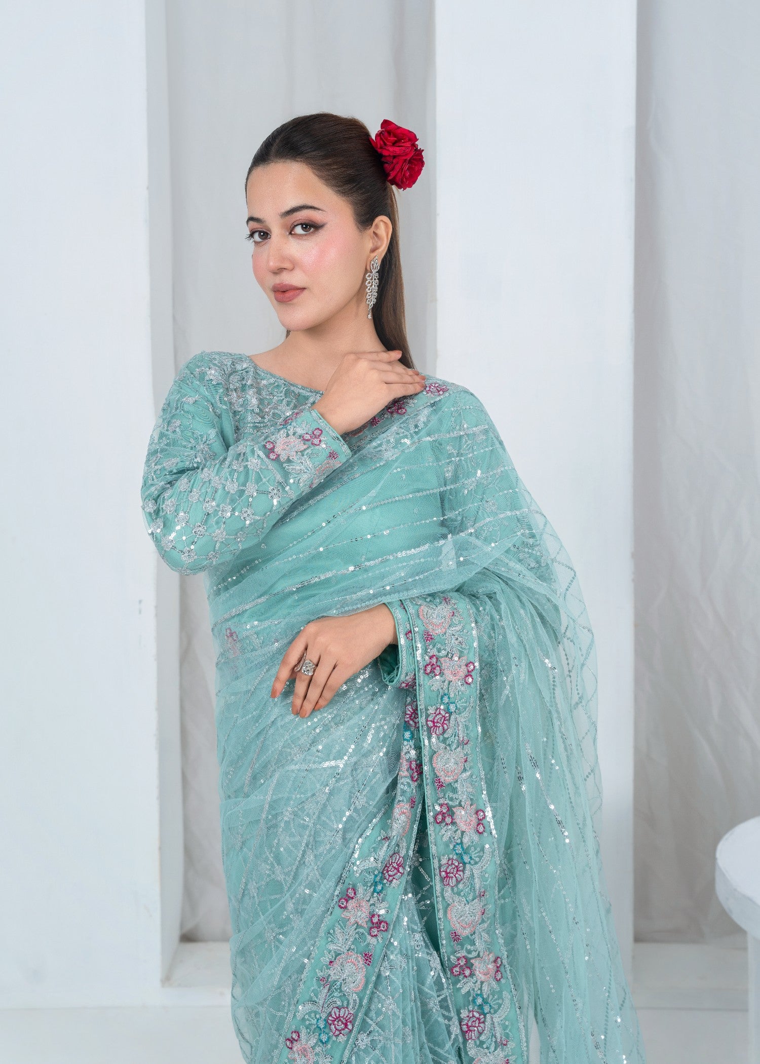 net Saree in Teal