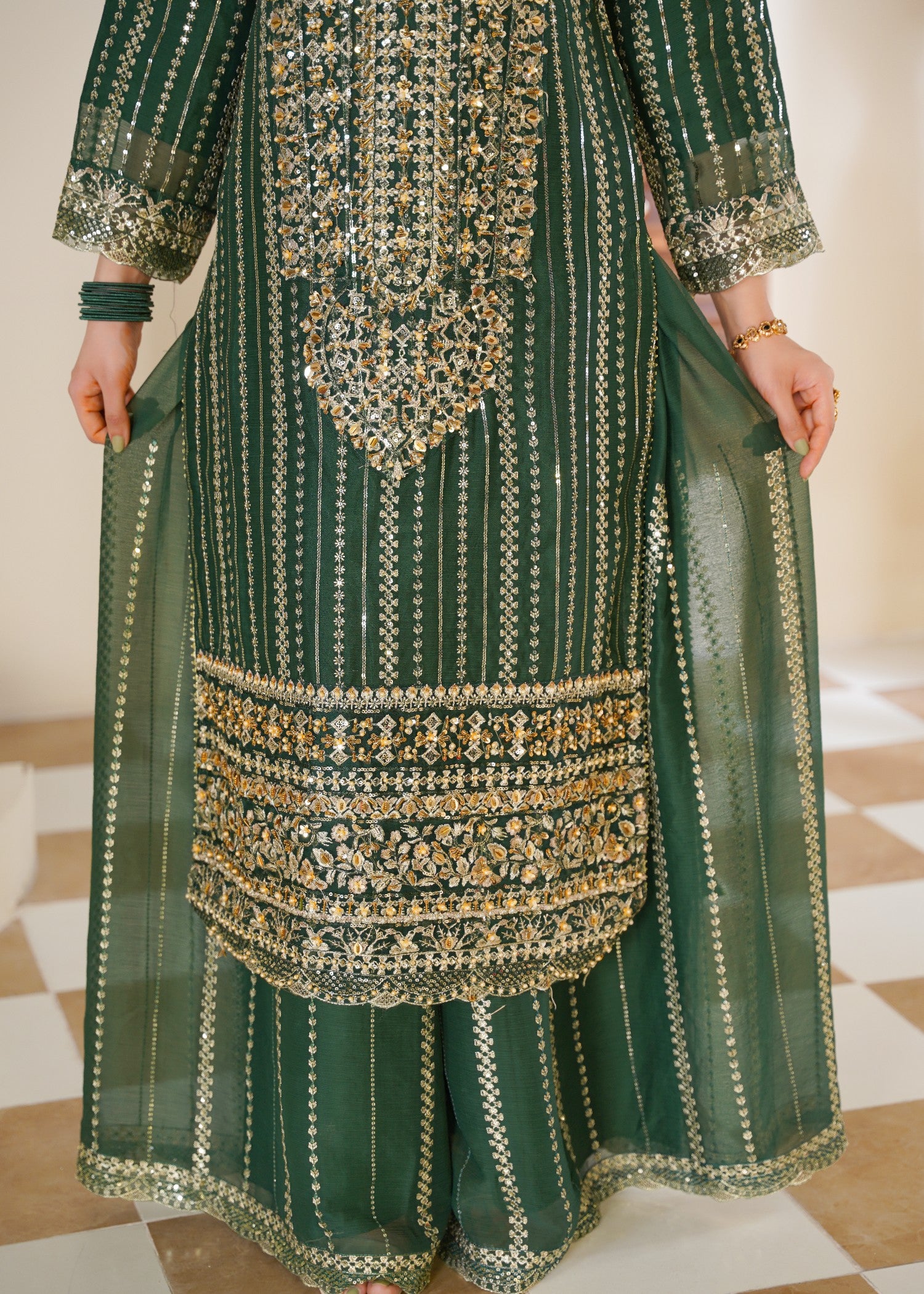 chiffon Sharara in Green, gold